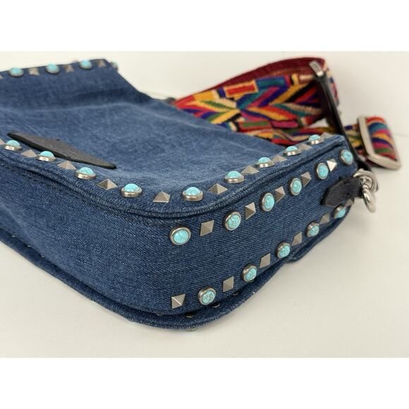 Valentino Rolling Rockstud Denim and Leather Shoulder Bag with Multicolor Strap - Picture 10 of 16